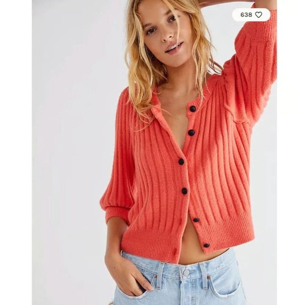 Free People Sloane Cardigan Coral Clay Black Buttons Exposed Seams 3/4 Sleeve XS